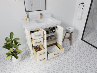 Boston 36" Right Offset Bath Vanity in Alabaster 2" Calacatta Sienna