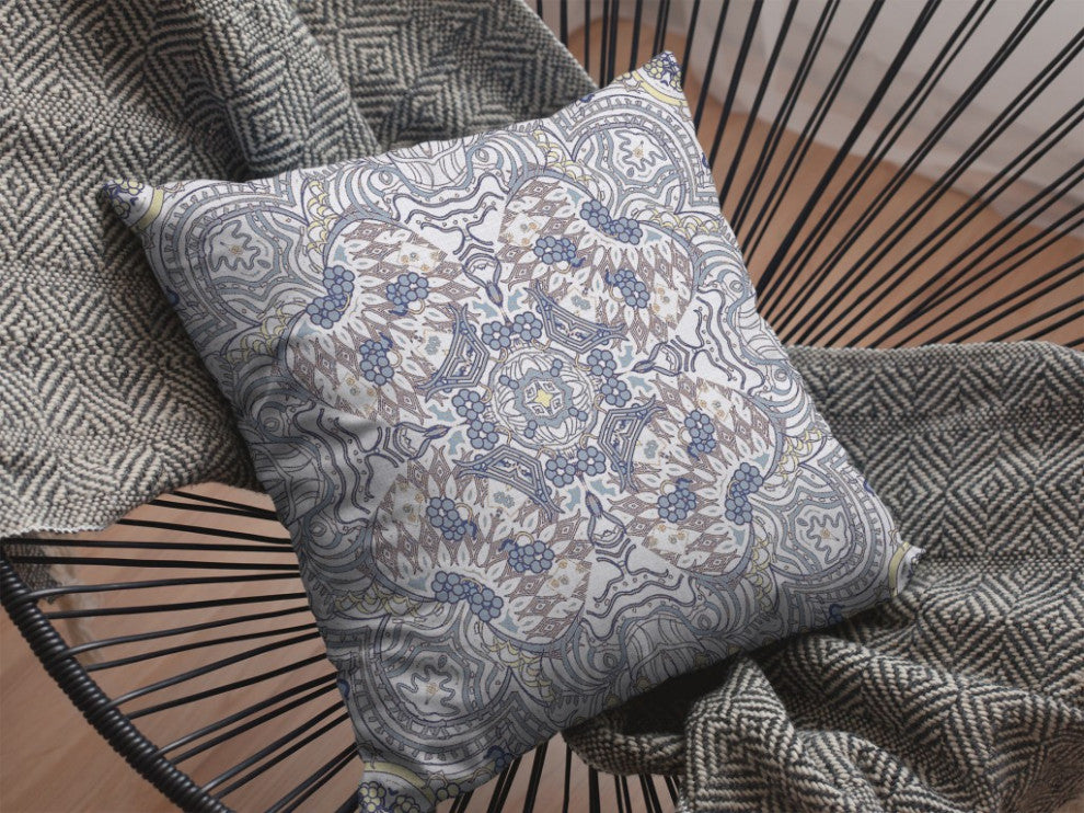 16" Yellow Gray Boho Ornate Zippered Suede Throw Pillow