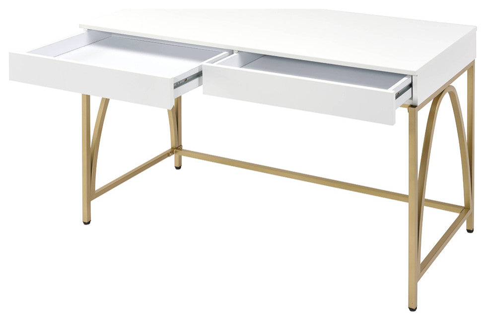 Acme Lightmane Vanity Desk, White High Gloss/Gold Finish