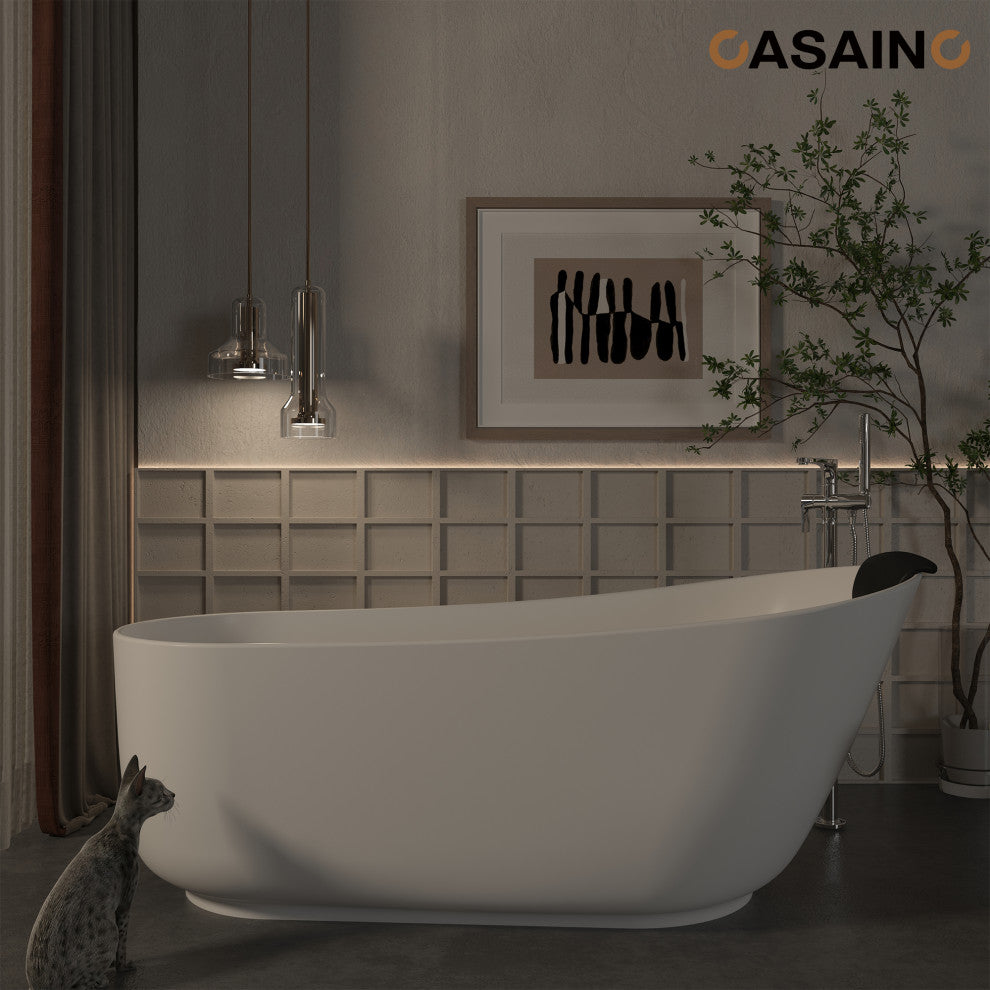 59in White Solid Surface Freestanding Soaking Bathtub with Drain, 59in
