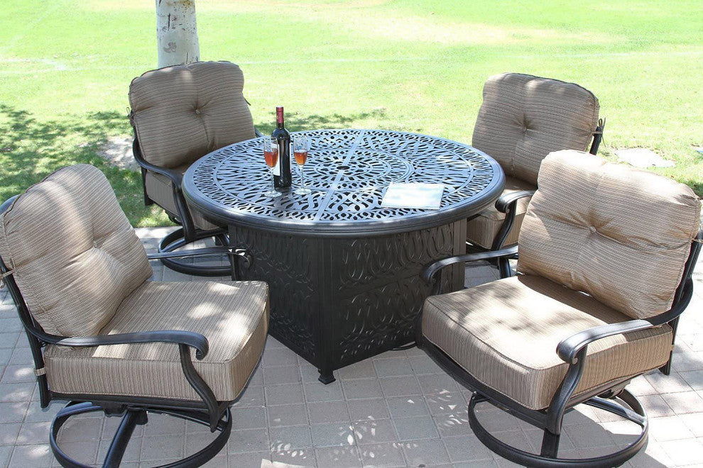5 Piece Patio Fire Pit Conversation Set, Cast Aluminum Club Swivel Rockers