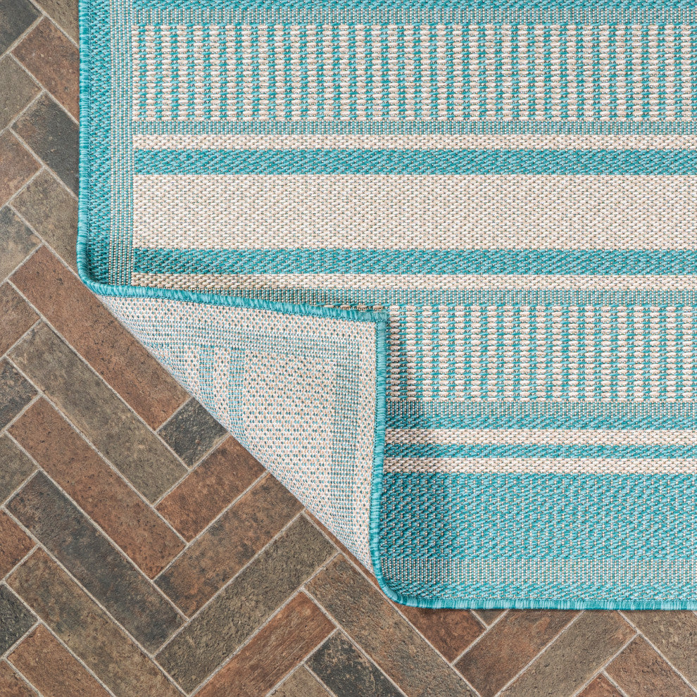 Haynes Modern Double Stripe Indoor/Outdoor Area Rug, Aqua/Beige, 8x10