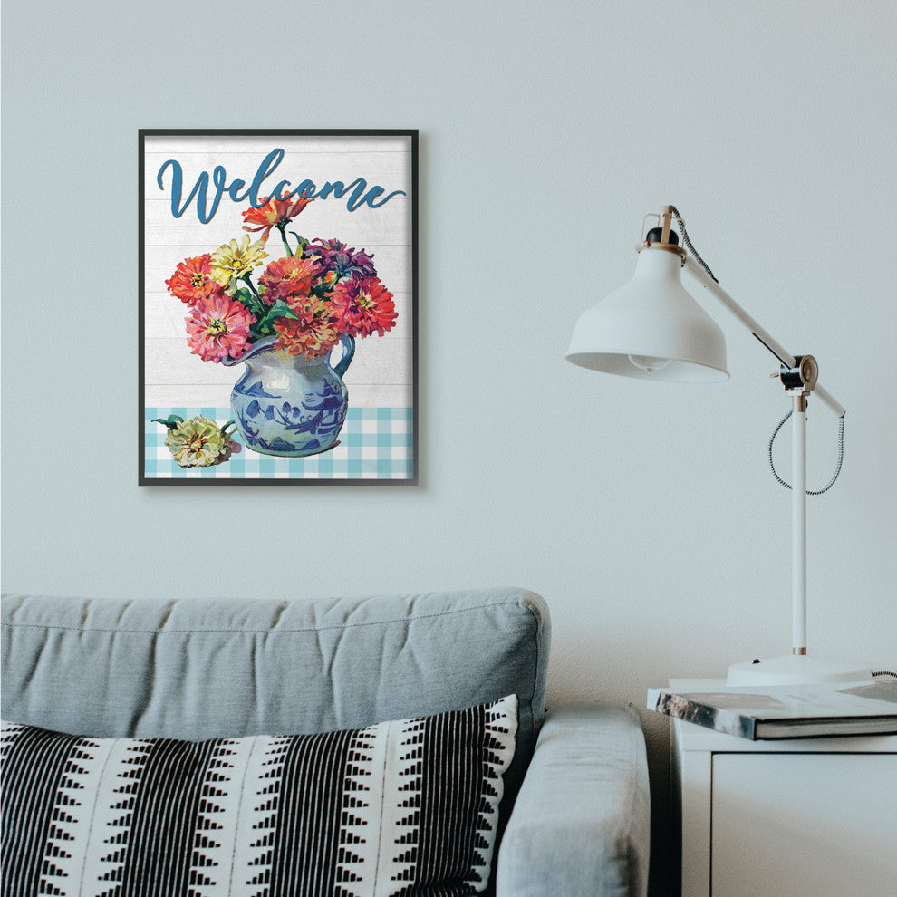 Welcome Flower Pot Blue Plaid Rustic Word Design, 24"x30", Black Frame