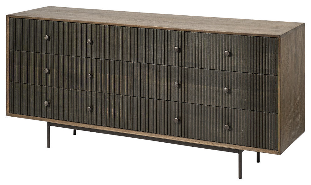 70" Brown and Black Solid Wood Six Drawer Sideboard