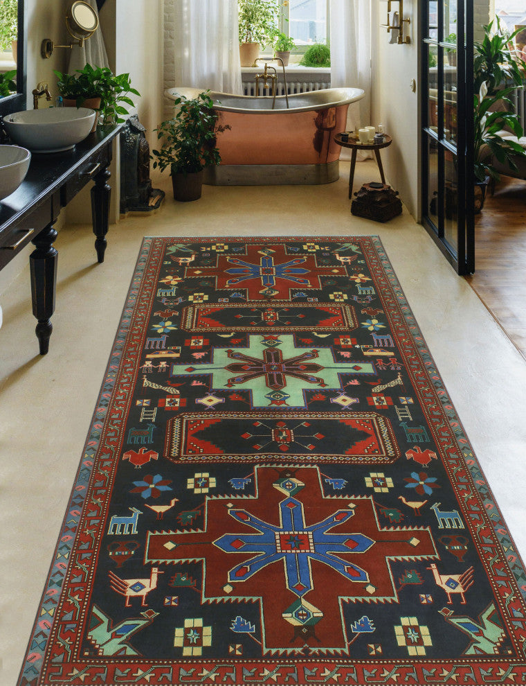 Fine Vintage Distressed Hadassah Navy/Red Runner, 4'10x9'10