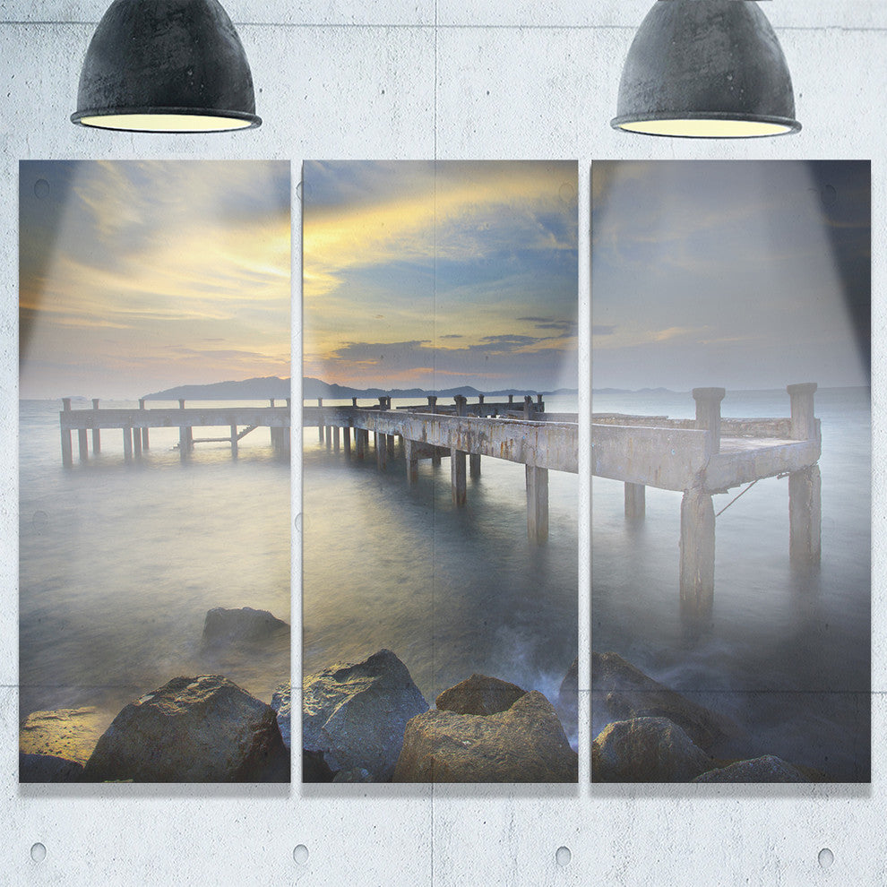"Old Wood Boat Jetty into Blue Sea" Metal Wall Art, 3 Panels, 36"x28"