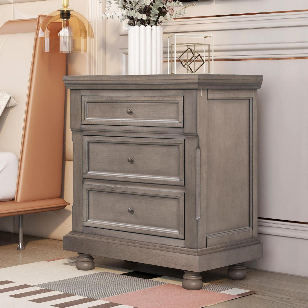 3-Drawer Wood Nightstand, Grey, 30'' Tall