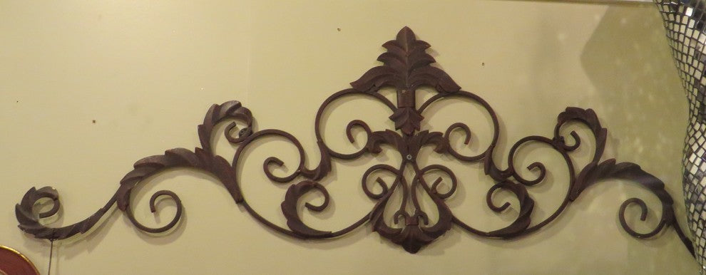 47" Iron Fleur de Lis Wall Grille Topper, Scroll Overdoor Metal Ornate