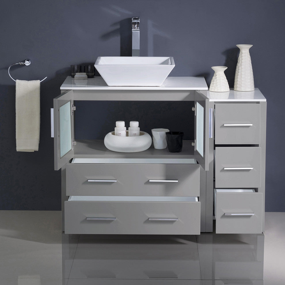 Torino Modern Bathroom Cabinets With Top and Vessel Sink, Gray, 42"