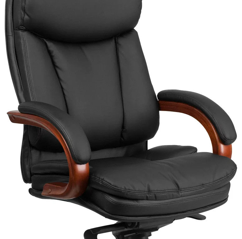 Contemporary Office Chair, Mahogany Wooden Base With Padded Arms, Black