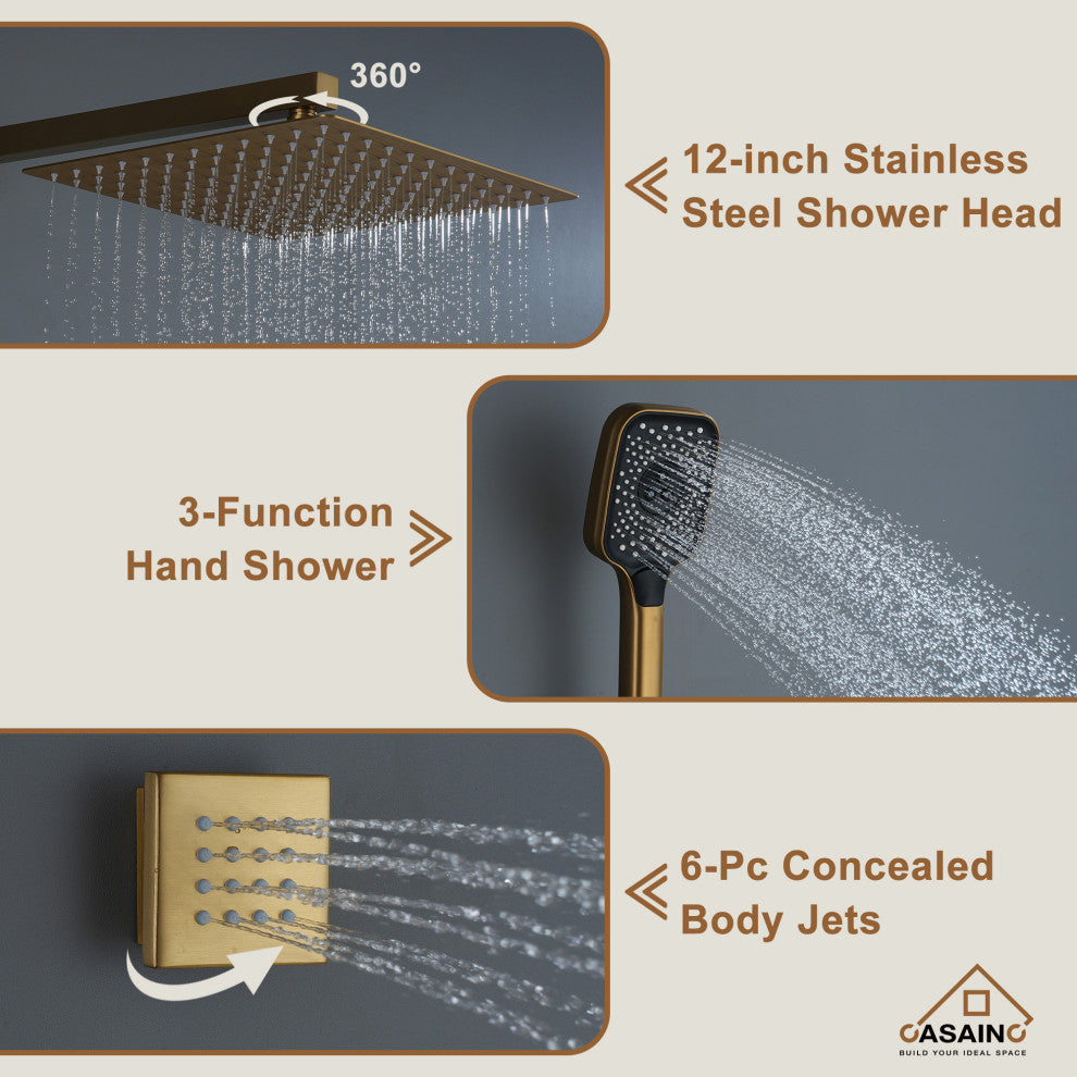 CASAINC 12" Wall Mounted Rainfall Shower Head with 6 Body Jets Shower System, Brushed Gold
