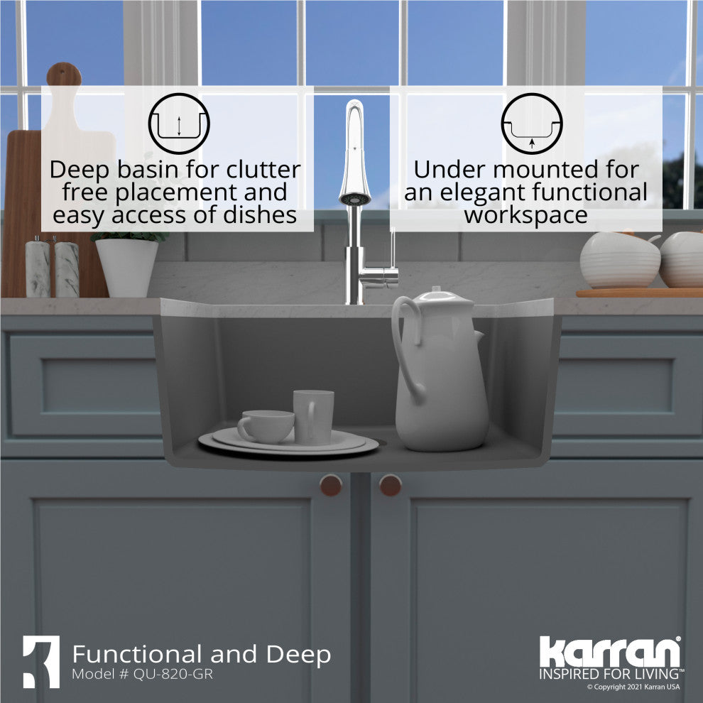 Karran QU-820 Undermount 24.38, Single Bowl Quartz Sink Kit, Grey
