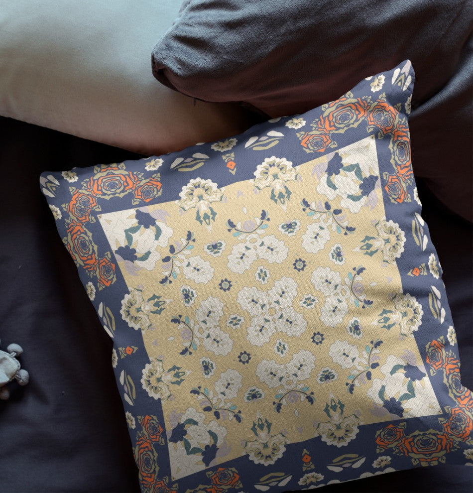 18" Blue Yellow Rose Box Indoor Outdoor Zippered Throw Pillow