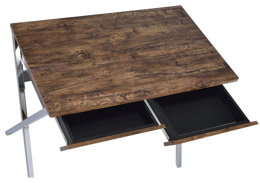 2 Drawers Writing Desk, Weathered Oak and Chrome