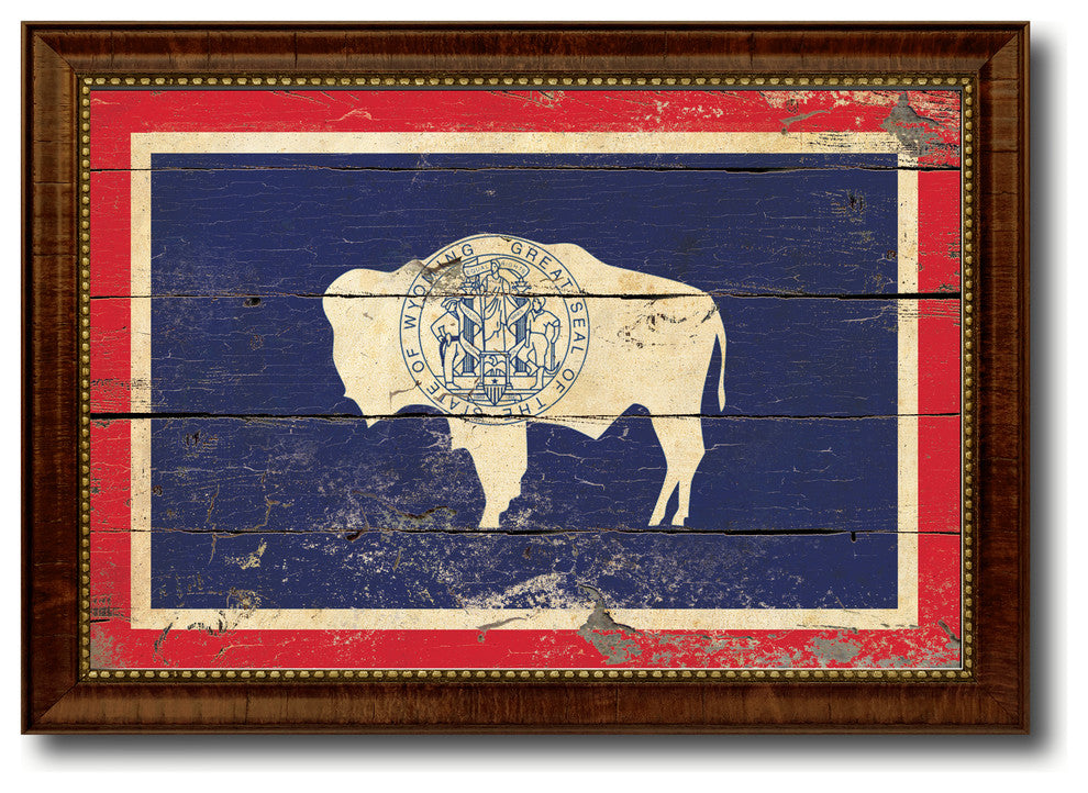Wyoming State Vintage Flag Print With Brown Gold Frame, 23" X 33"
