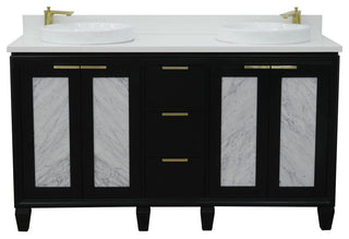 61" Double Sink Vanity, Black Finish With Engineered Stone Top And Round Sink