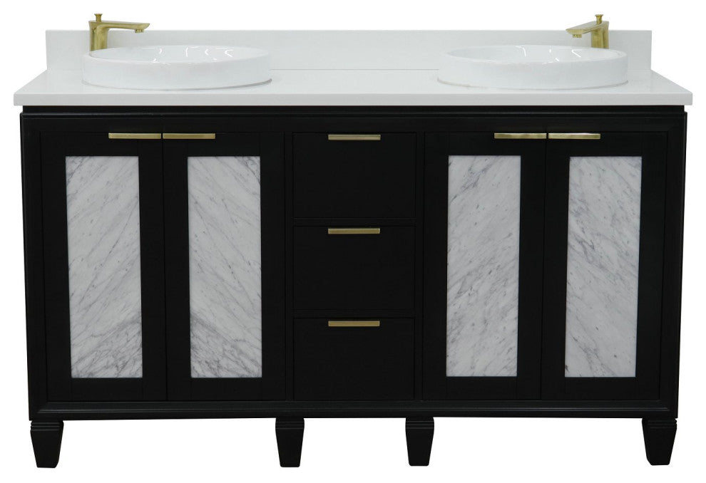 61" Double Sink Vanity, Black Finish With Engineered Stone Top And Round Sink