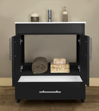 Pacific 30" Vanity With Integrated Ceramic Top and Brushed Nickel Handles, Black