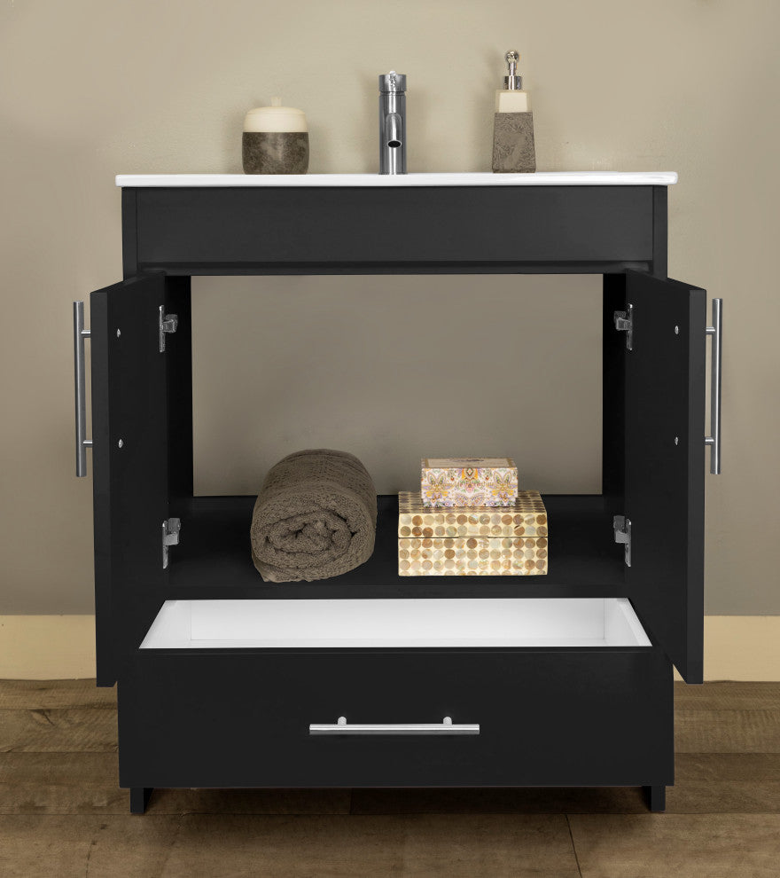 Pacific 30" Vanity With Integrated Ceramic Top and Brushed Nickel Handles, Black
