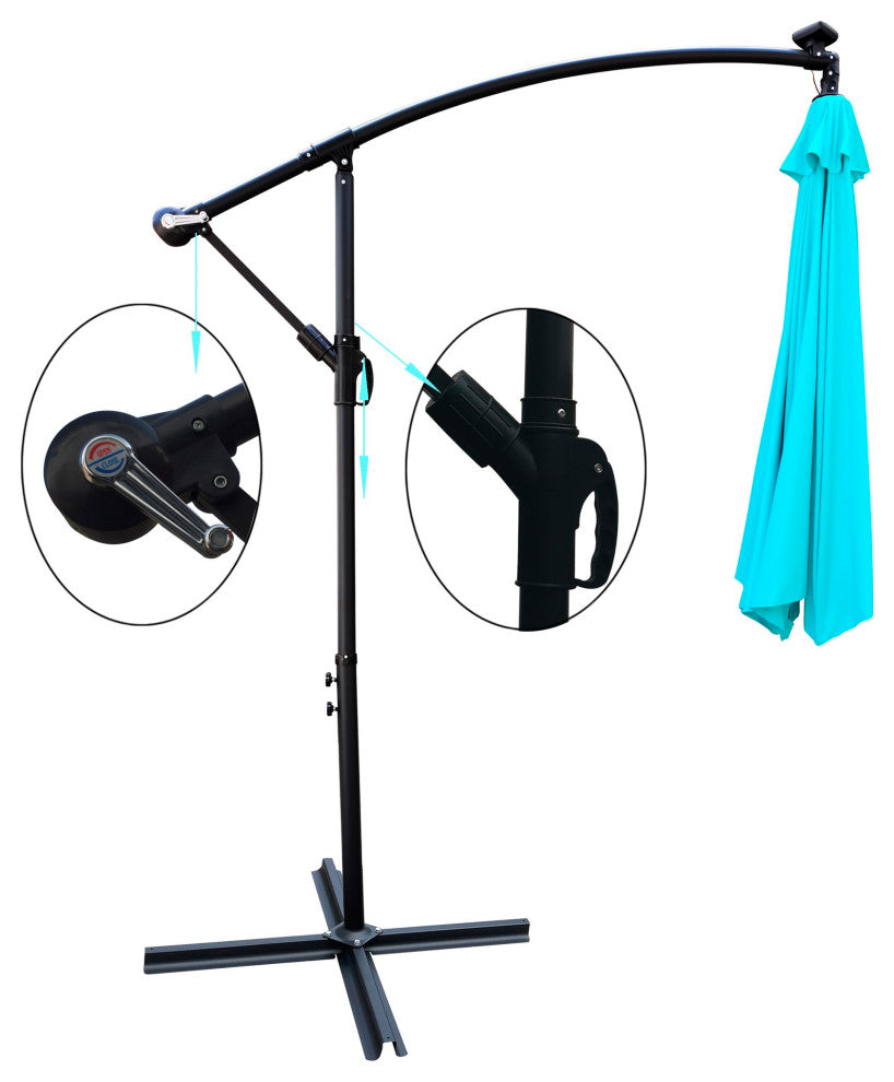 10' Steel Patio Umbrella Outdoor Market With Crank and LED Lights, Light Blue