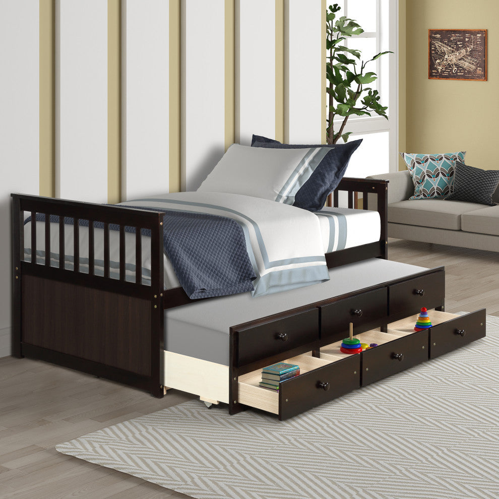 Captain's Bed Twin Daybed with Trundle and Storage Drawers, Espresso