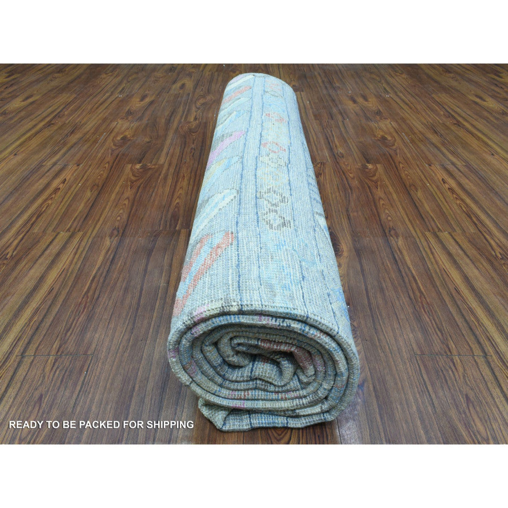 Gray Hand Knotted Inspired With Small Triangular Design Runner Rug, 9'1"x11'8"