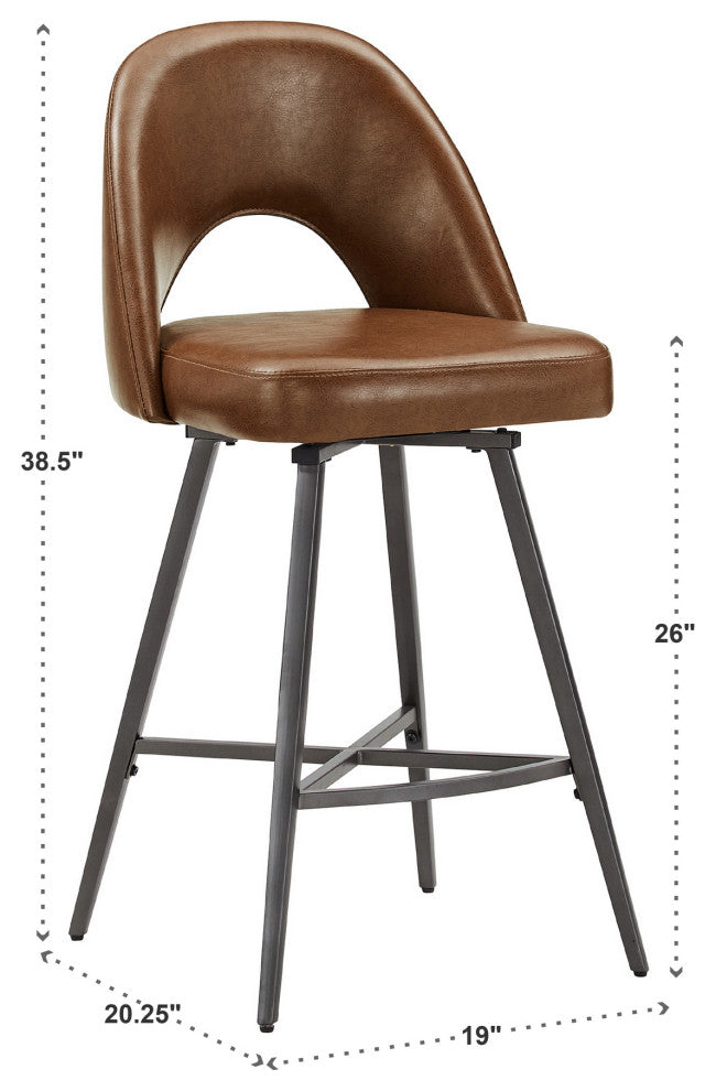 Tierno 24" Counter Height Metal Swivel Stools, Set of 2, Brown PU Leather