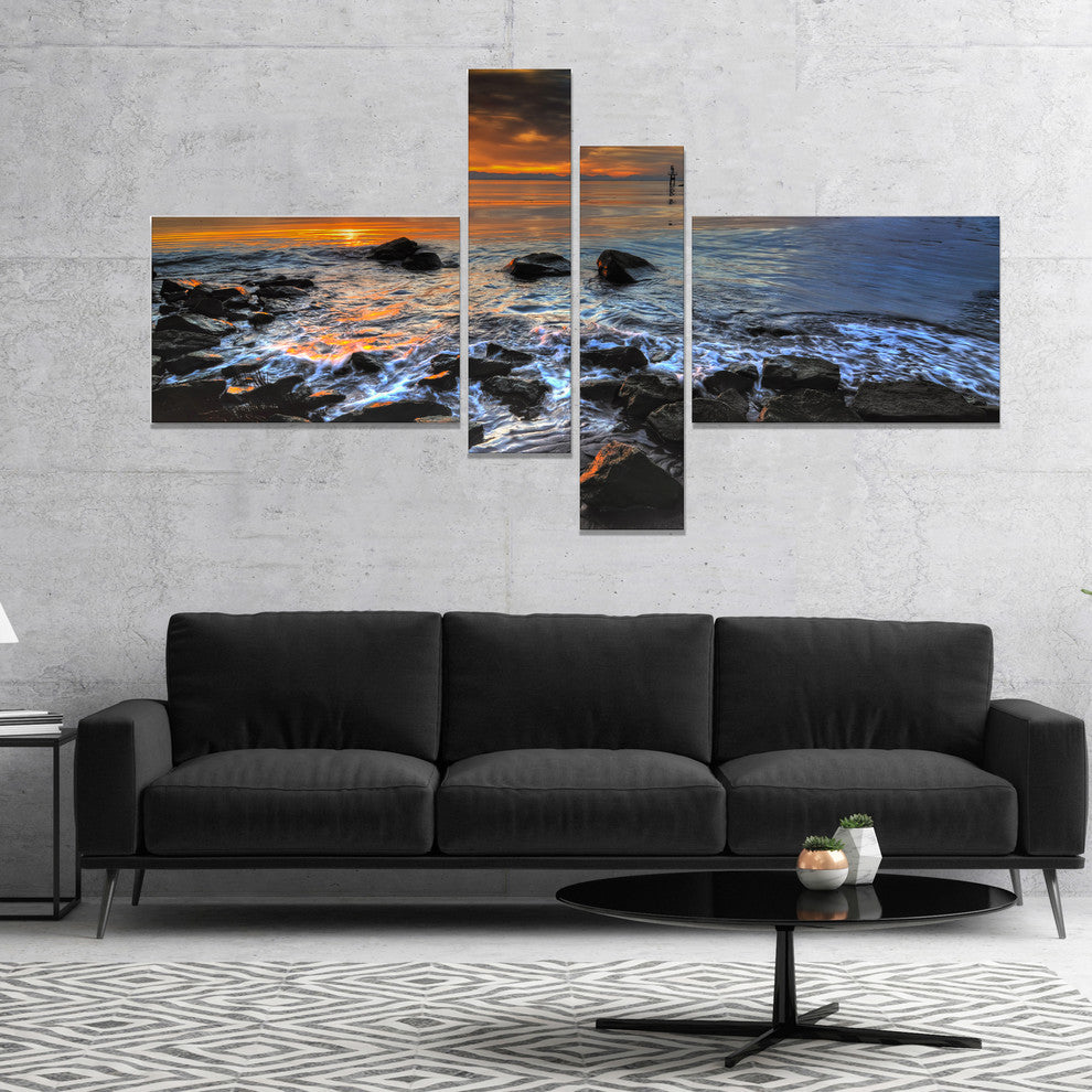 Sunset over Rocky Ocean Shore, Large Landscape Canvas Print, 60"x32", 4 panels