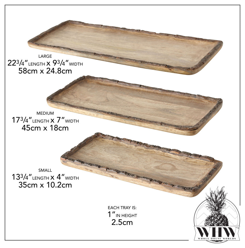 Artisinal 3 Piece Bark Rimmed Wood Tray Set