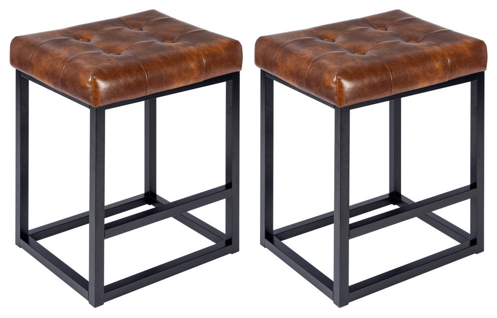 Set of 2 Button Tufted Faux Leather Counter Stools, Yellowish-Brown, 24 in