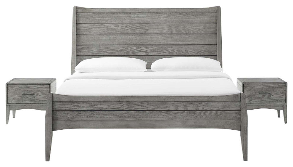 Platform Bed Nightstand Set, King Size, Wood, Gray, Modern Farmhouse