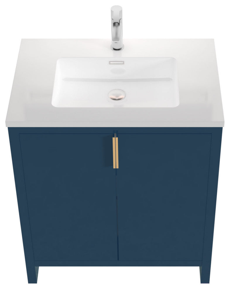 Freestanding Vanity with White Sink Top, Blue, 30"