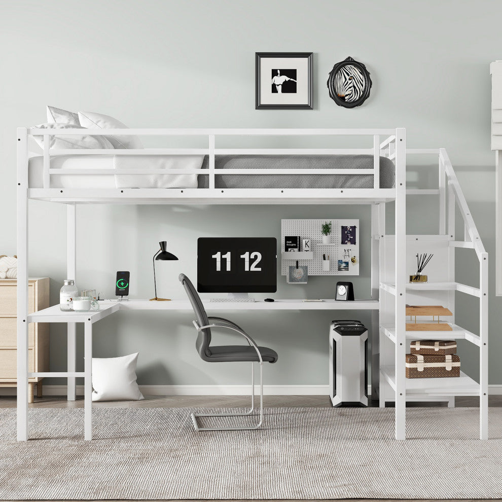 Gewnee Queen Size Loft Bed with L-shaped Desk and USB
