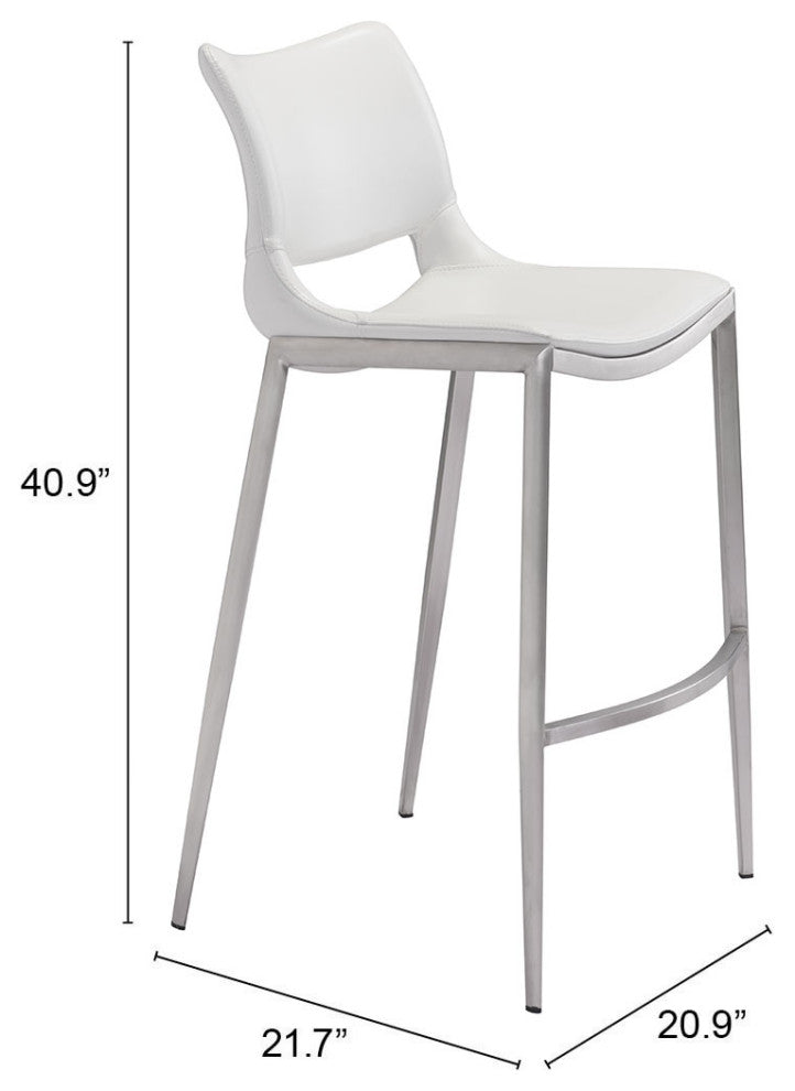 Bar Stool Chair Barstool, Set of 2, Faux Vinyl Leather, Steel, White, Silver