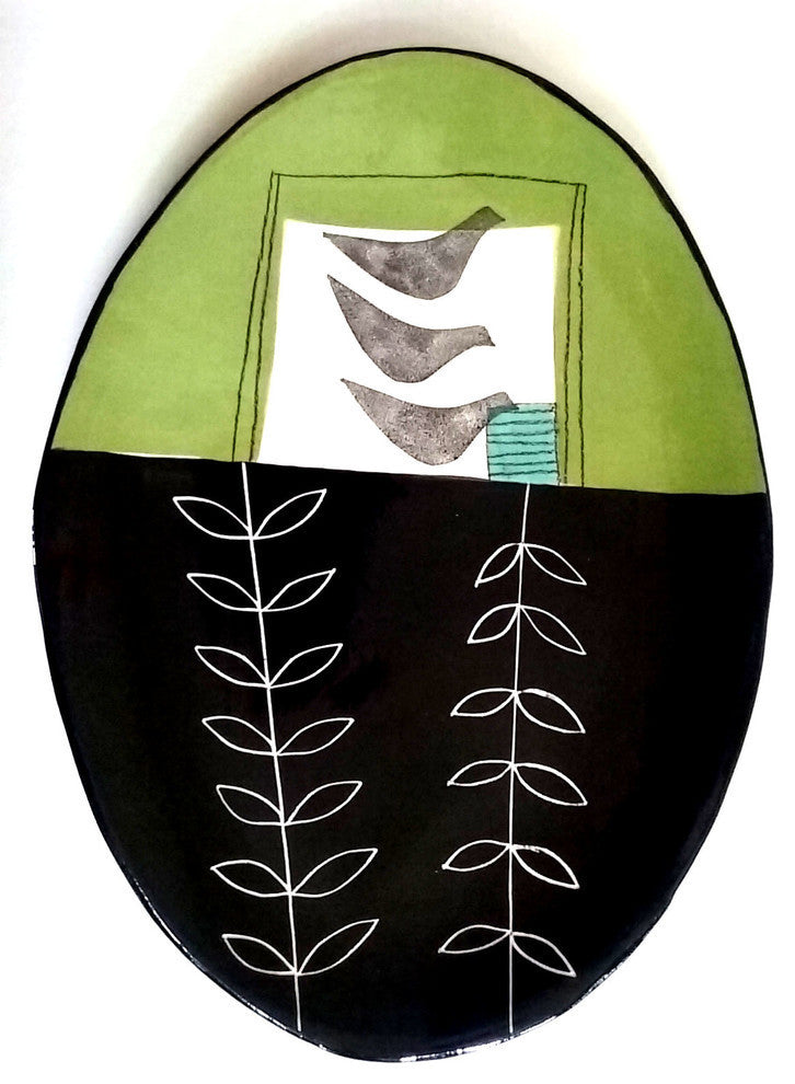 Hand Built Hand Painted Oval Ceramic Platter, Spring Green and Black