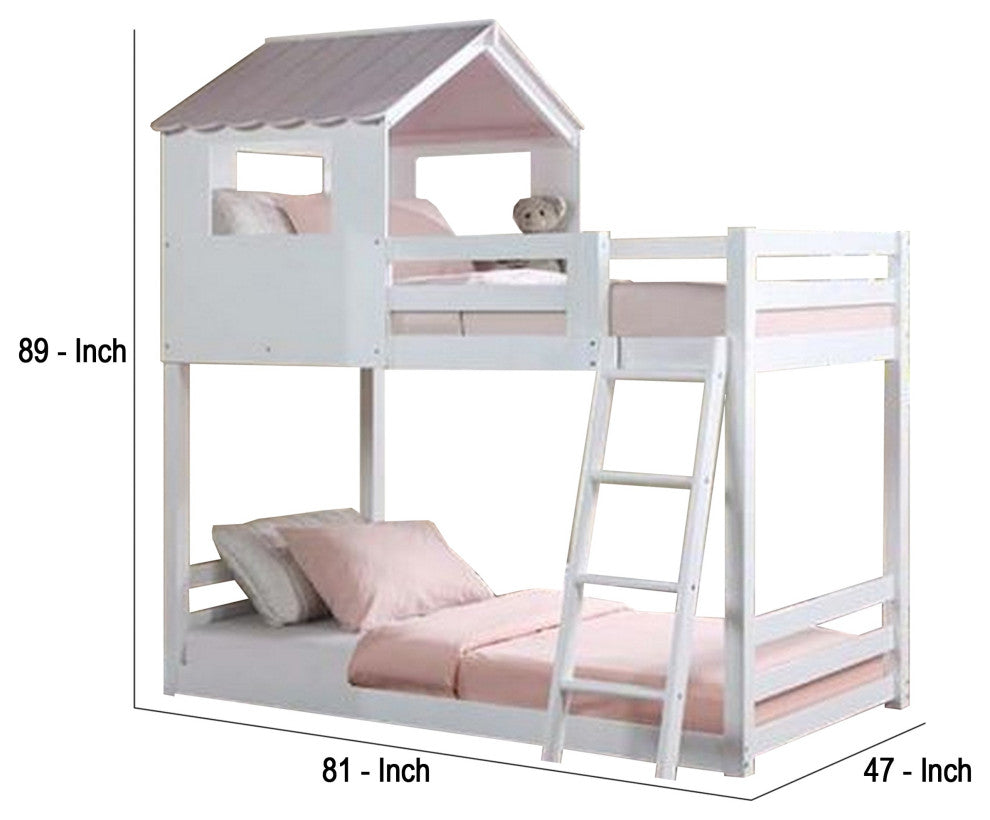 Benzara BM269543 Twin Over Twin Bunk Bed, Fixed Ladder & Pitched Top Roof, White