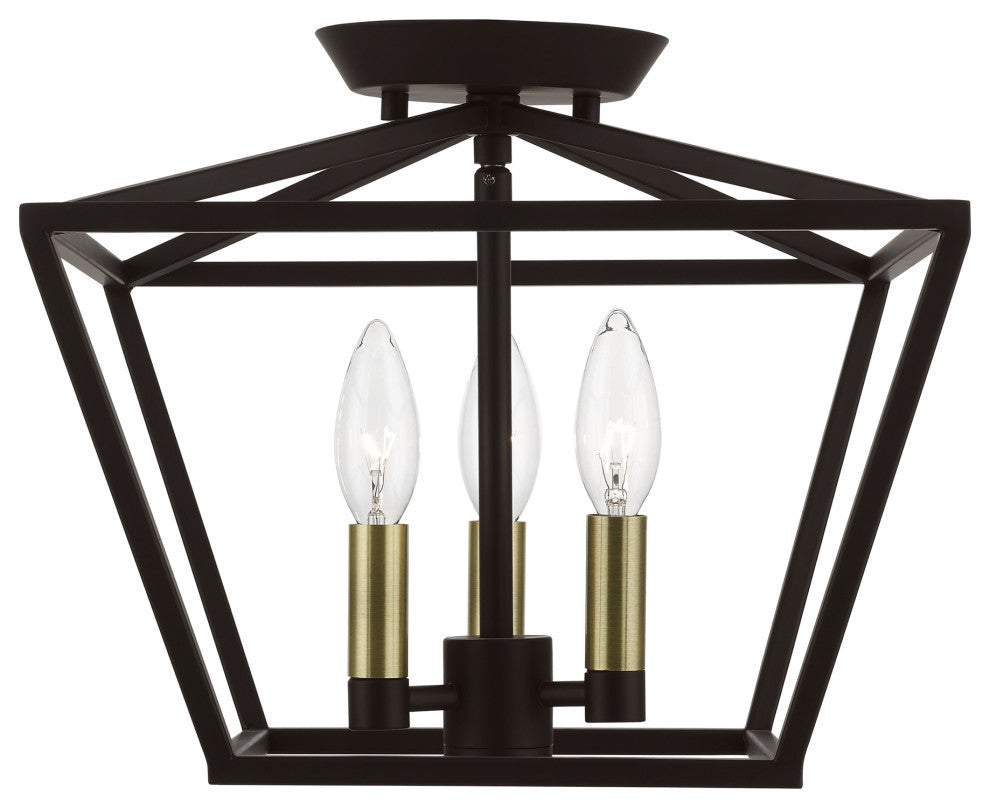 Devone 3 Light Bronze With Antique Brass Accents Square Semi-Flush
