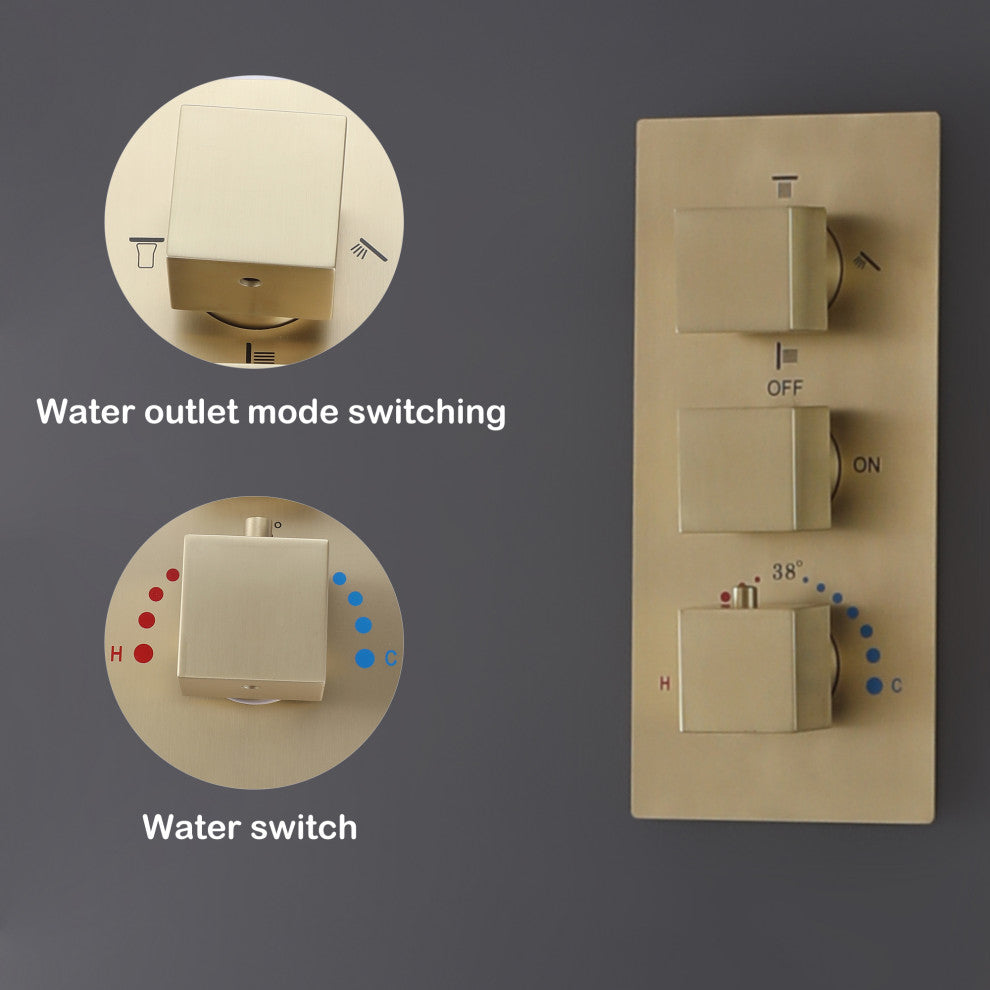 Thermostatic Shower System With Multi Function LED Shower Head, Brushed Gold