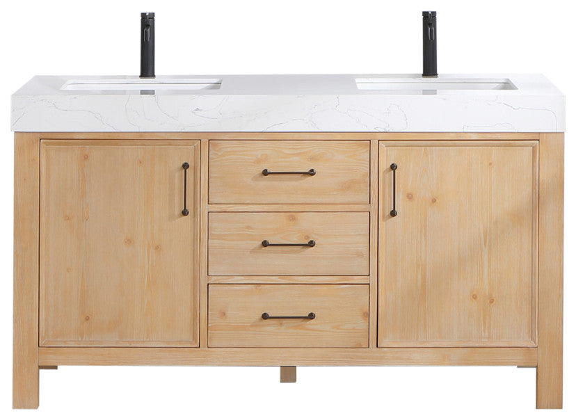 Leon Bath Vanity With Composite Stone Top, Fir Wood Brown, 60" Double Sink, No Mirror