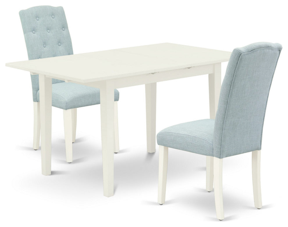 3Pc Dining Set, 2 Upholstered Chairs, Butterfly Leaf Dining Table, Linen White