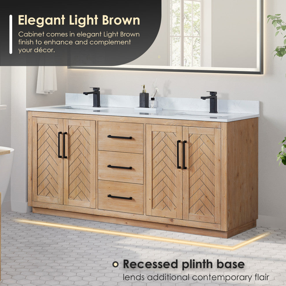 Anais Vanity Grain White Engineered Stone Countertop, Light Brown, 72", With Mirror