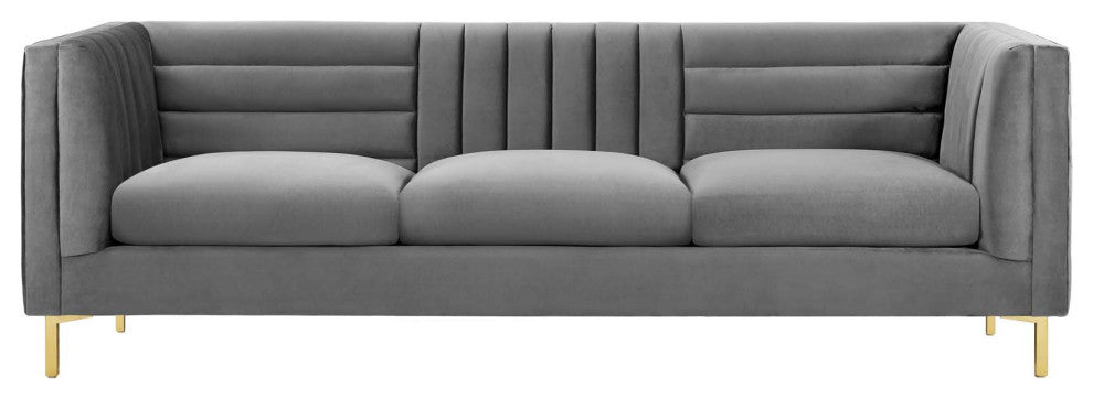 Modern Designer Lounge Lobby Sofa, Velvet Fabric Metal Steel, Grey Gray