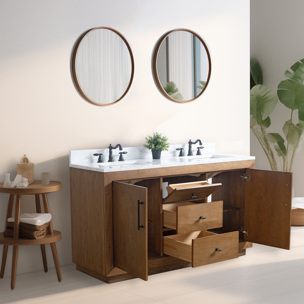 Vanity Art Bathroom Vanity With Sink, Tan, 60" Double, Arabescato White Engineered Marble Top
