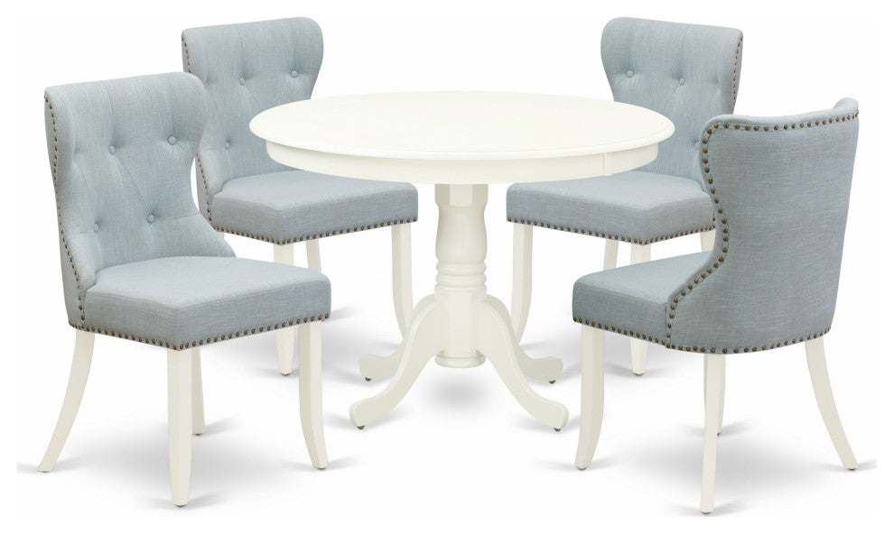 A Dining Set Of 4 Dining Chairs, Baby Blue Color, 42"Round Table, Linen White