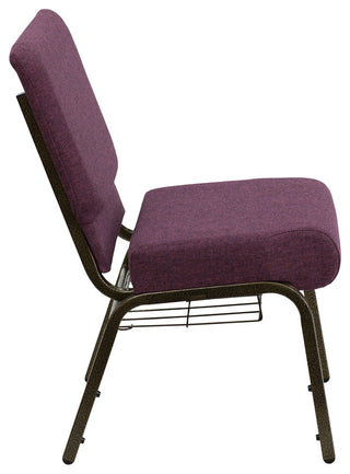 HERCULES 21'W Church Chair, Plum Fabric, Cup Book Rack, Gold Vein Frame