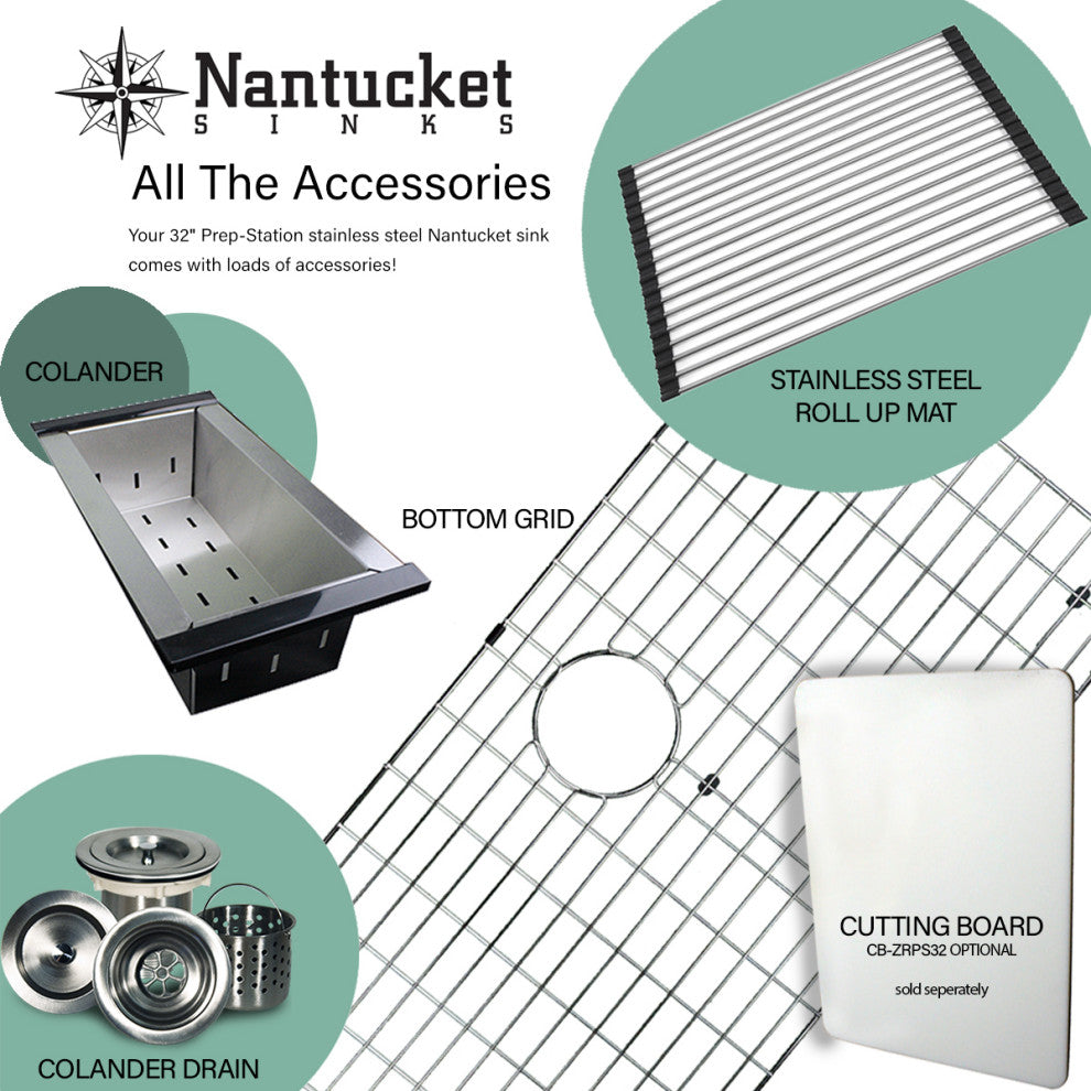 Nantucket Sinks 32'' Pro Series Large Prep Station Single Bowl