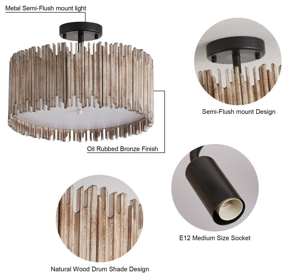 Farmhouse Wooden Cage Semi-Flush Mount Lighting With 3-Light