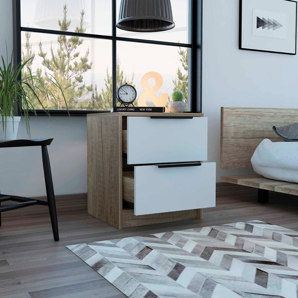 Washington Nightstand with 2 Large Drawers and Metal Handles, White/ Light Oak