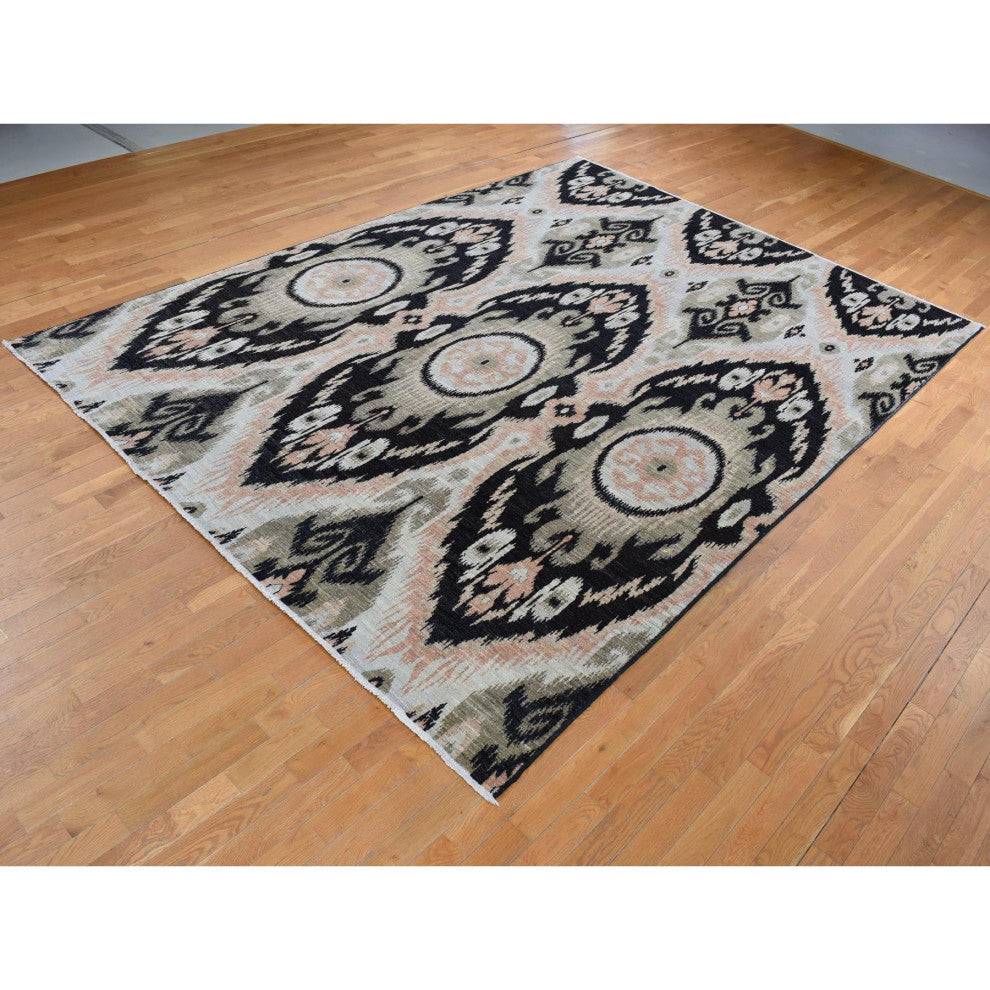Eerie Black 100% Wool Ikat Uzbek Design Hand Knotted Oriental Rug 9'1" x 13'