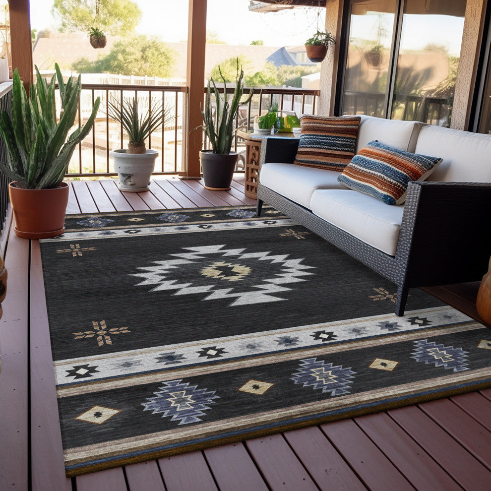 Indoor/Outdoor Phoenix PH4 Black Machine Washable 9' x 12' Rug